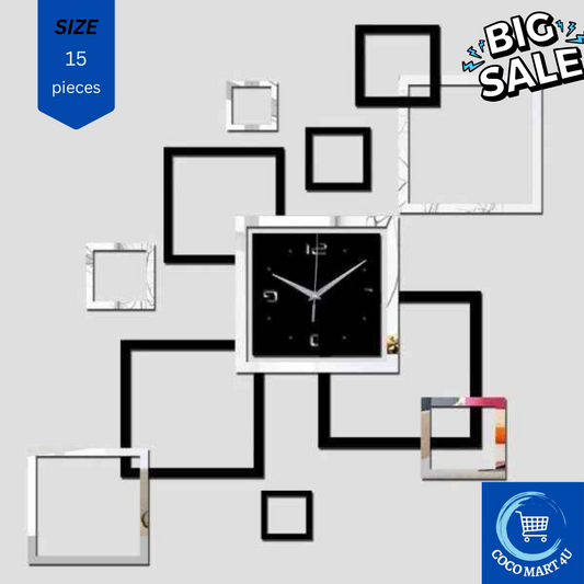 Wall clock with geometric square designs on a light gray background, featuring a 'Big Sale' banner and COCOMART AU logo.